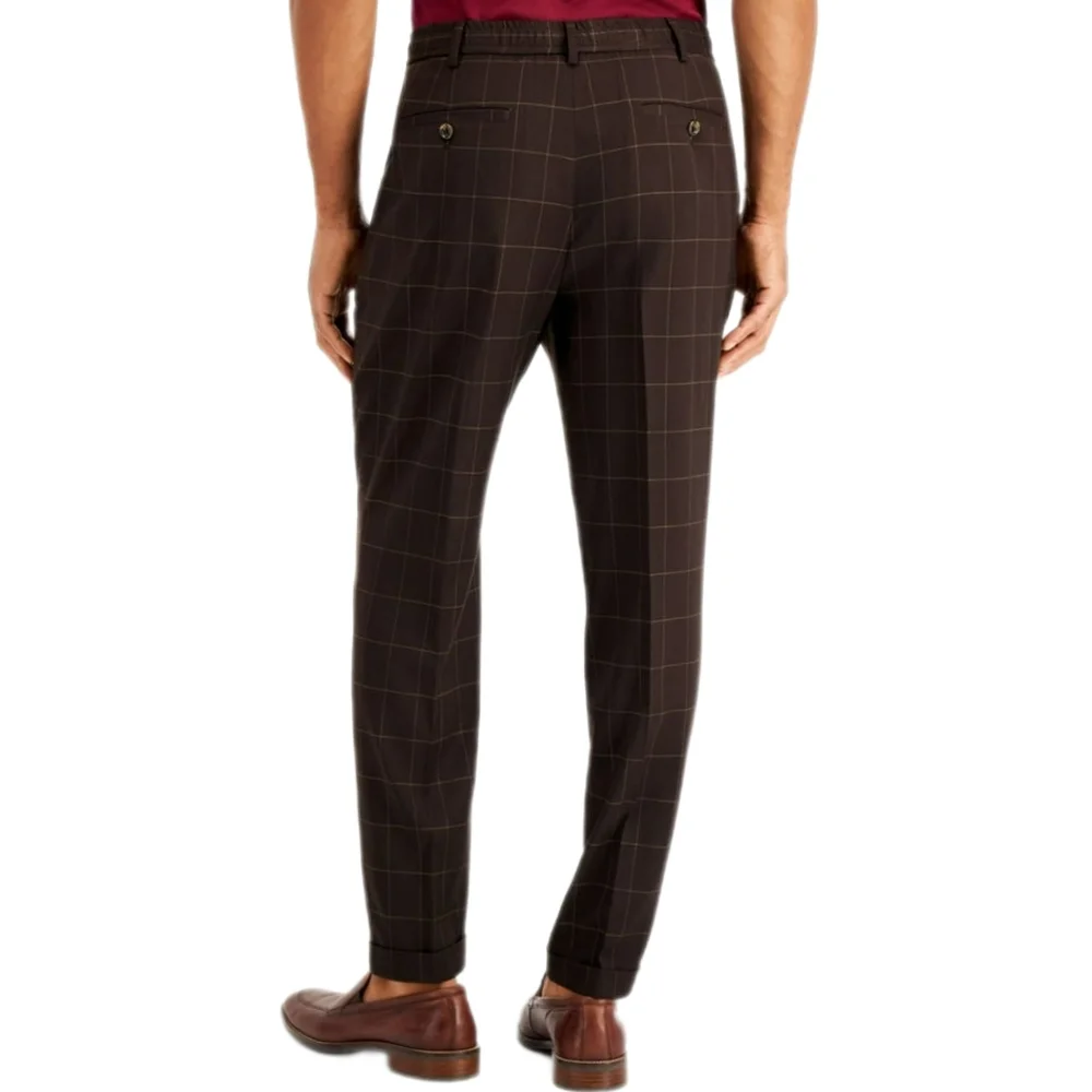 TASSO ELBA Mens Brown Adjustable Waist Drawstring Check Chino Pants S - Picture 2 of 3